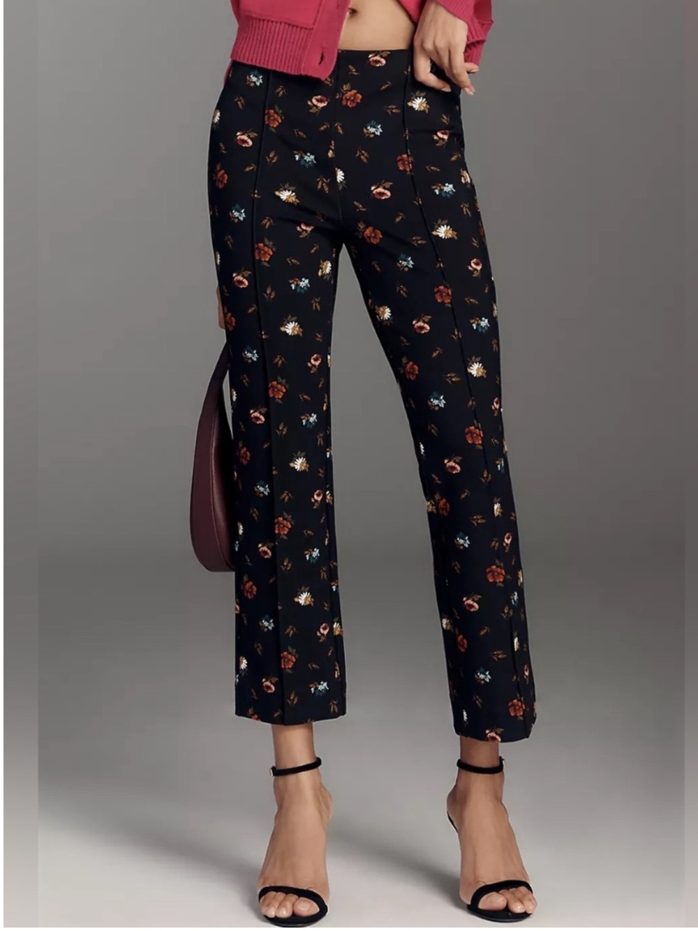 Anthropologie Black Floral Cropped Wide-Leg Pants